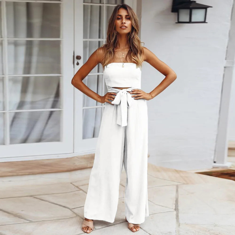 New Style Women's Summer Casual Solid Color  Sleeveless Jumpsuit Strapless Top Wide Leg Long Pants Set