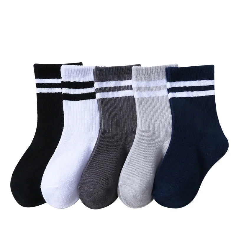 5 Pairs/Lot Autumn Winter High Elastic Simple Children Socks Korean Cotton Stripes Solid Color Alphabet Boys Girls Socks 1-12 Y