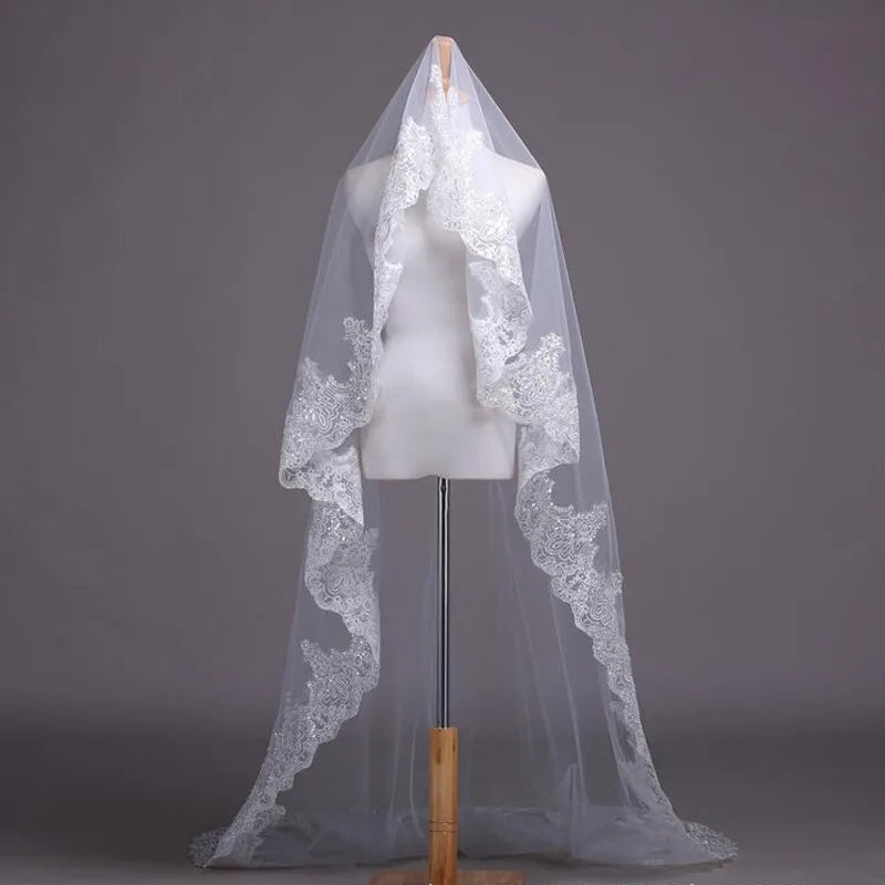 Real Photos White/Ivory Cathedral Wedding Veil 3M One Layer Lace Beads Mantilla Bridal Veils Wedding Accessories Veu De Noiva