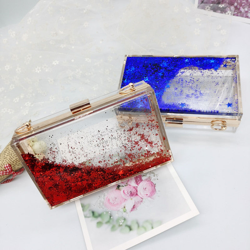 Women's Luxury Liquid Glitter Acrylic Clutch Purse Quicksand Powder Transparent Box Bags Summer Beach Handbags With Metal Chain