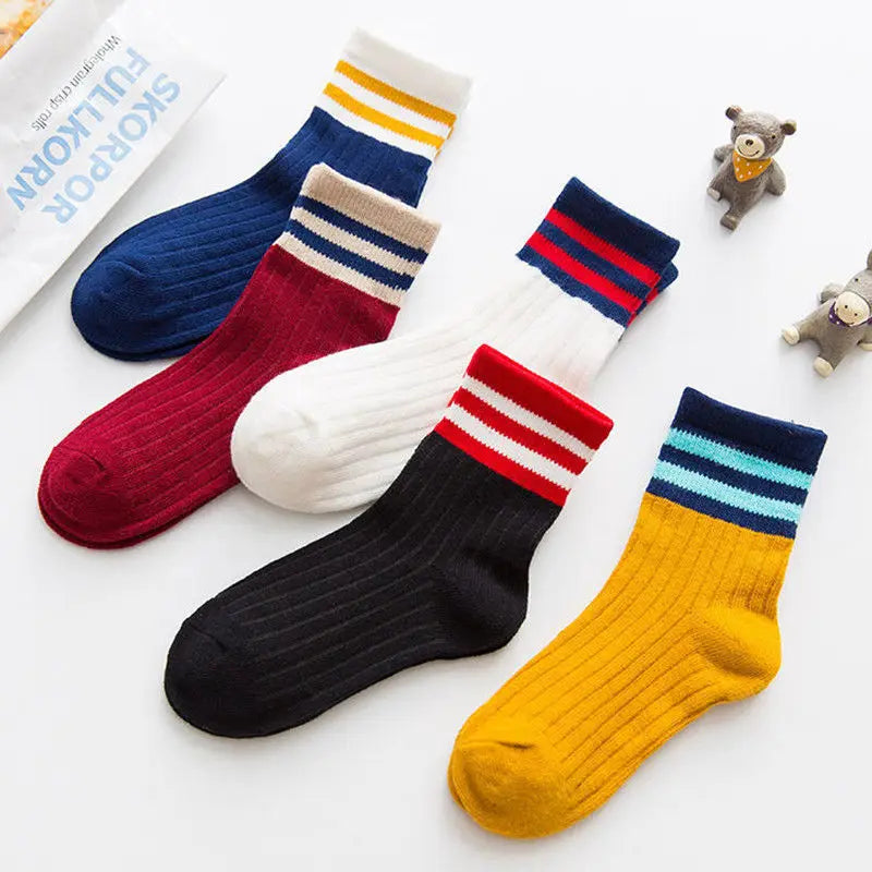 5 Pairs/Lot Autumn Winter High Elastic Simple Children Socks Korean Cotton Stripes Solid Color Alphabet Boys Girls Socks 1-12 Y