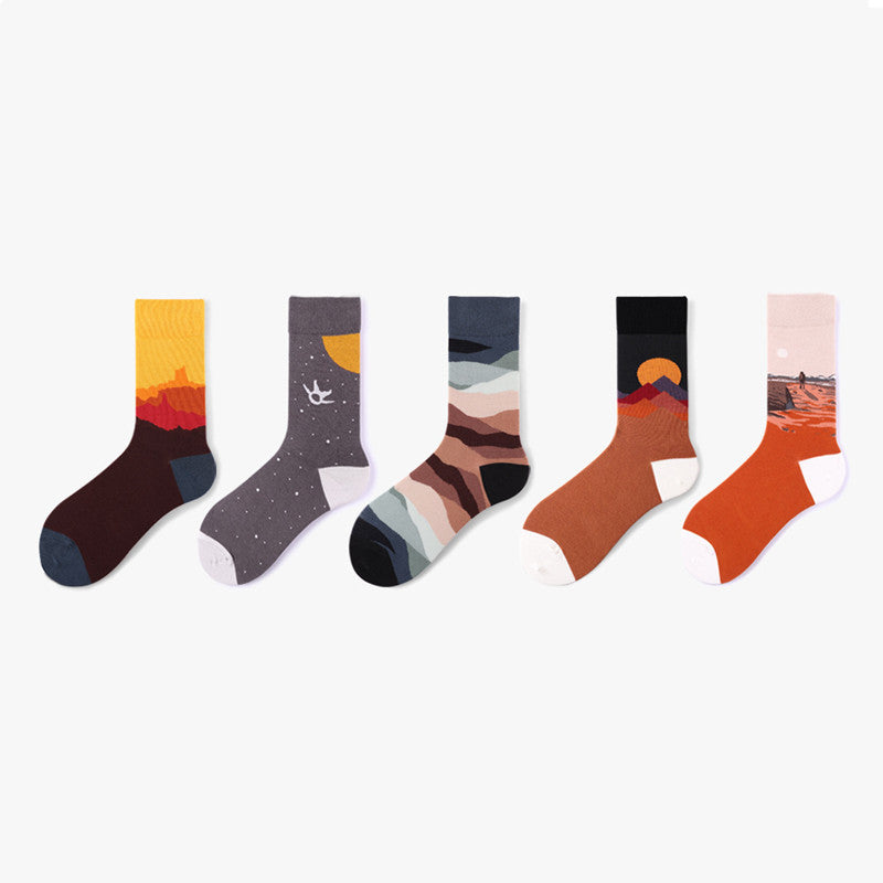 Colorful Funny Cotton Men Crew Socks Hip Hop Novelty Painting Style Skate Street Designer Harajuku Gift Happy Black Yellow Cool