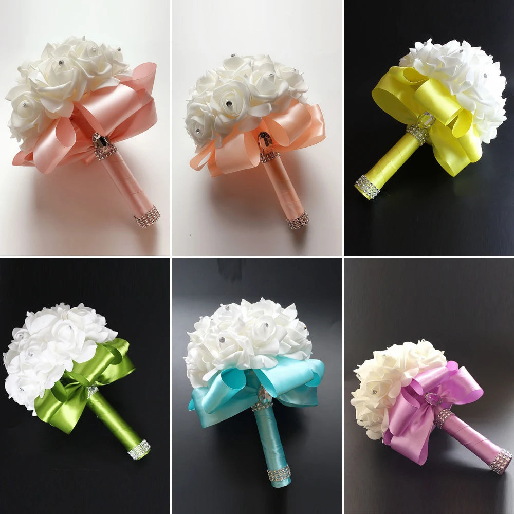 Bridal Bridesmaid Bouquet Artificial Holding Flowers Rhinestone Ribbons Wedding Party Church Home Christmas Table Bedroom Decor