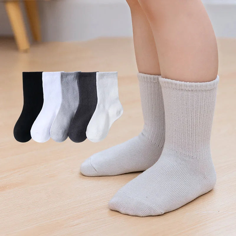 5 Pairs/Lot Autumn Winter High Elastic Simple Children Socks Korean Cotton Stripes Solid Color Alphabet Boys Girls Socks 1-12 Y