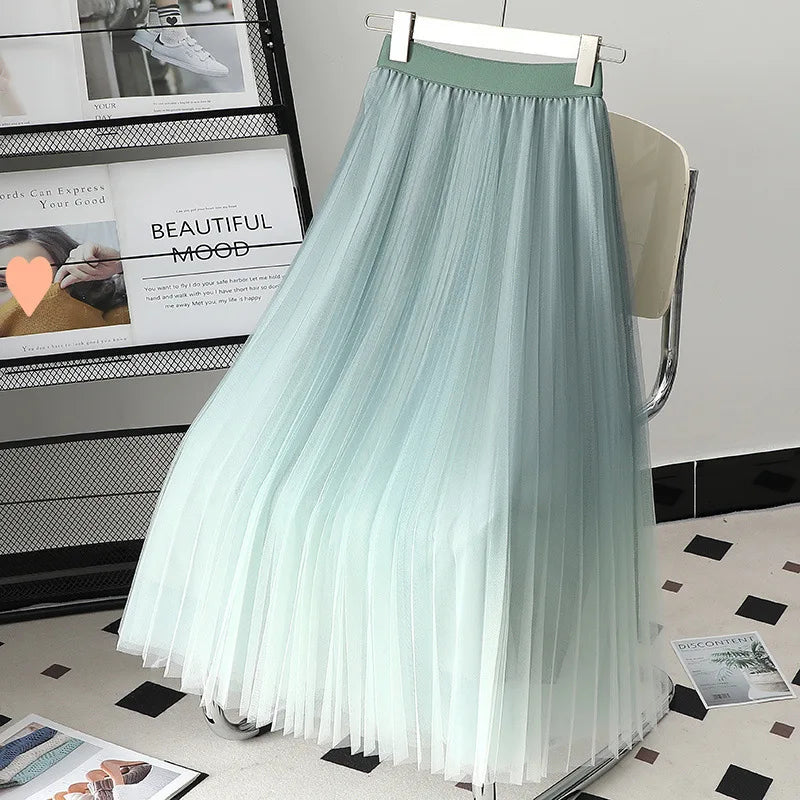 Women Lady Pleated With Lining Long Skirt Dress New Fashion Loose Elastic Waist Gradient Color Street Wear Casual Skirt