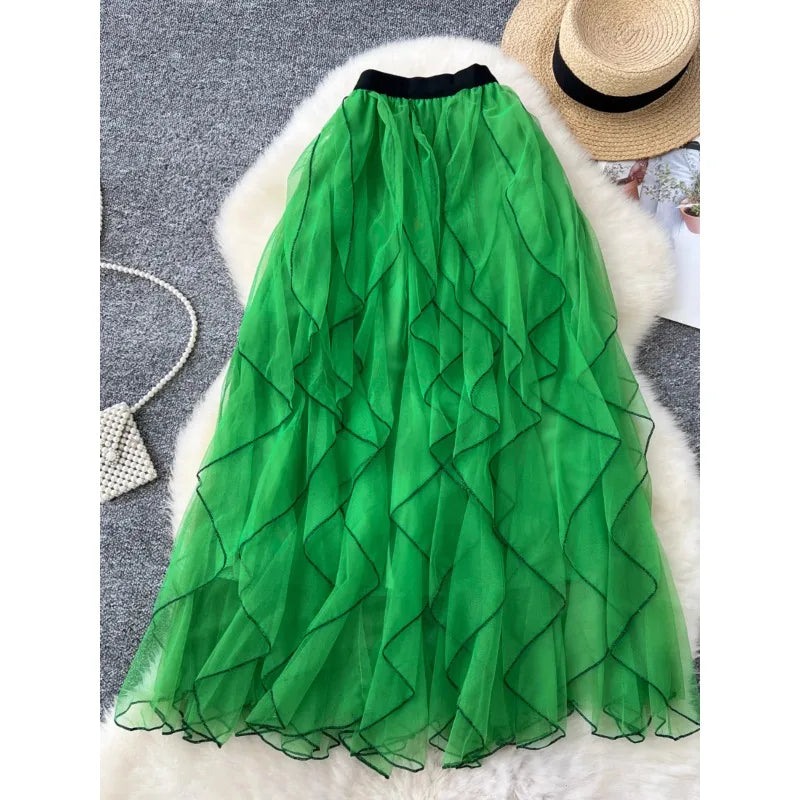 Boutique Wholesale 2026 Autumn French Mesh Elastic Waist Slimming A-line Large Swing Women's Skirt