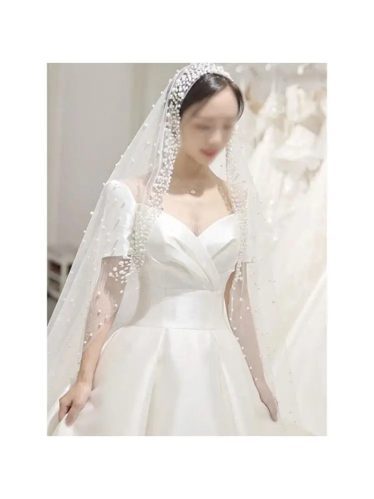 Romantic Trailing Cathedral Wedding Veil One-Layer Pearl Beading Headpiece