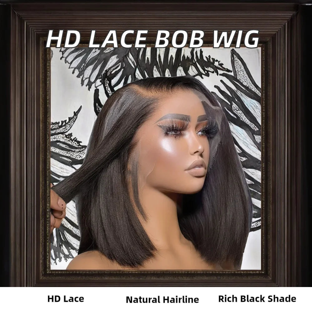 Short Straight HD Bob Wig Natural Black Brazilian Virgin Hair 200% Lace Front for Lace Transparent Baby Hair PrePlucked All