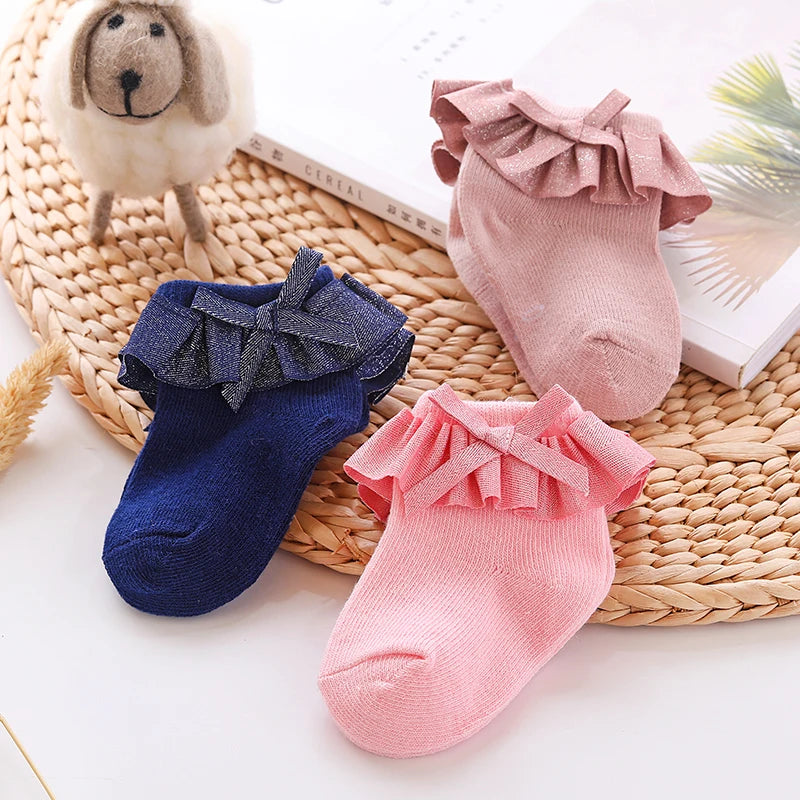 0-1Y Newborn Infant Toddler Baby Socks Girls Kids Princess Bowknot Lace Floral Short Socks Cotton Ruffle Frilly Trim Ankle Socks