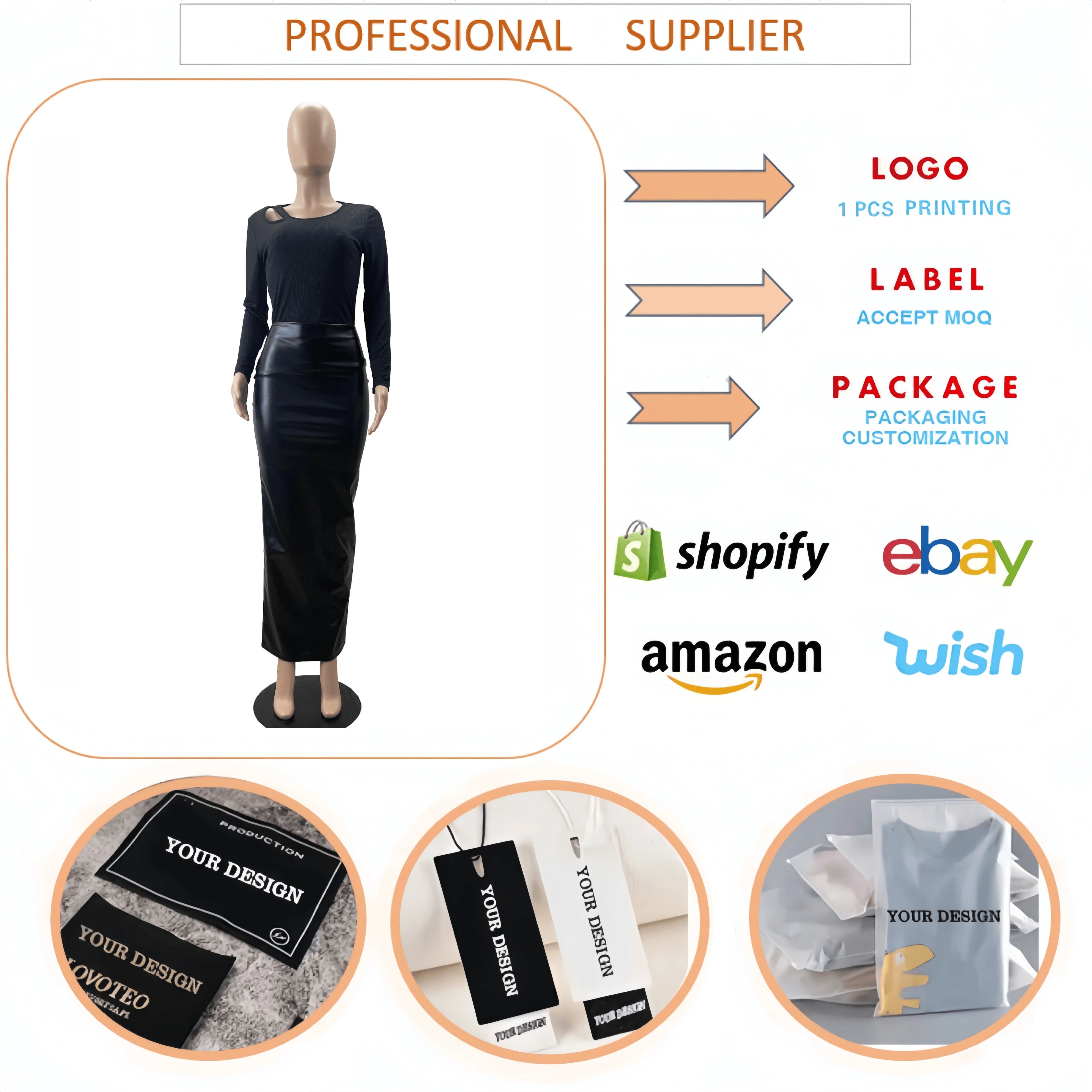 M6008 Women Long Skirts Women's Autumn Winter New Style Black Faux Leather Midi Skirt Bodycon Slim-Fitting with Zipper Design