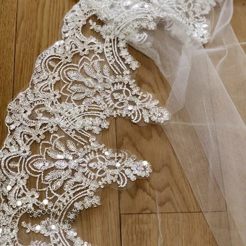 Real Photos White/Ivory Cathedral Wedding Veil 3M One Layer Lace Beads Mantilla Bridal Veils Wedding Accessories Veu De Noiva