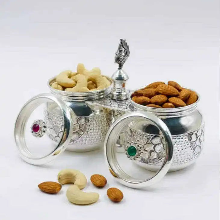 Handcrafted Silver Dry Fruit Container Set with Decorative Lids Premium Storage Jars for Gifting Home Decor and Pooja Use