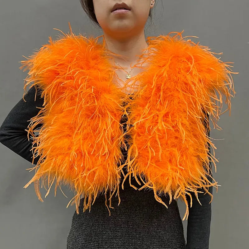New Arrival Long Luxury Bridal Wedding Ostrich Turkey Feather Top Feather Vest Bolero Onyx