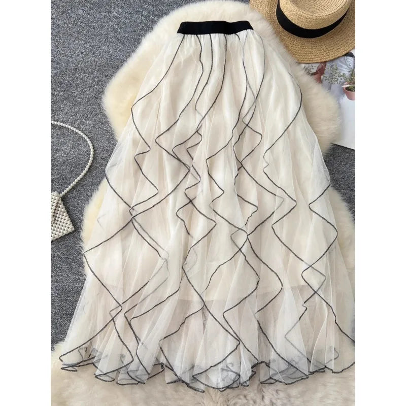 Boutique Wholesale 2026 Autumn French Mesh Elastic Waist Slimming A-line Large Swing Women's Skirt