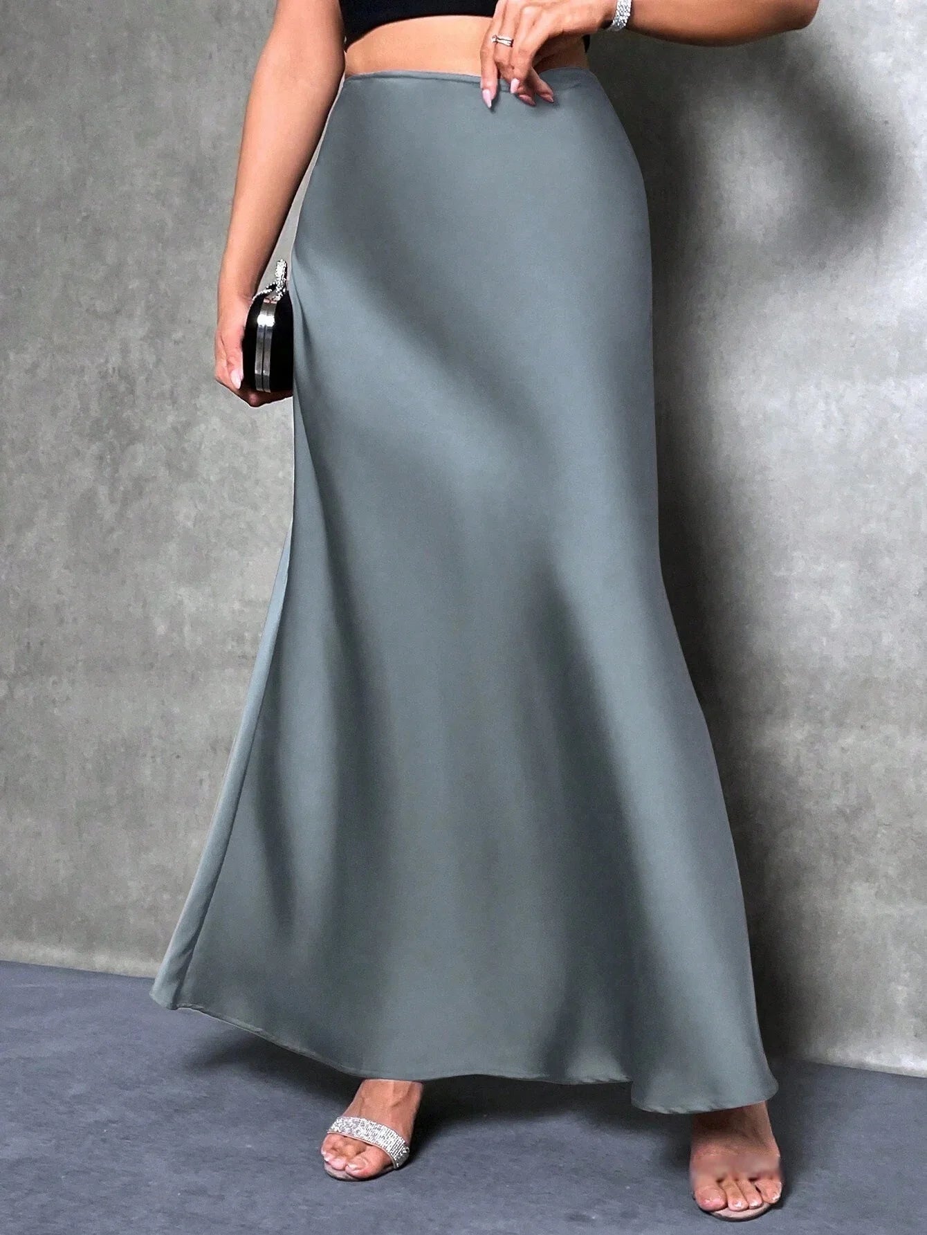 Fashion Breathable Spring Casual Elegant Solid Black High Waist Satin Midi Length Women's Skirts