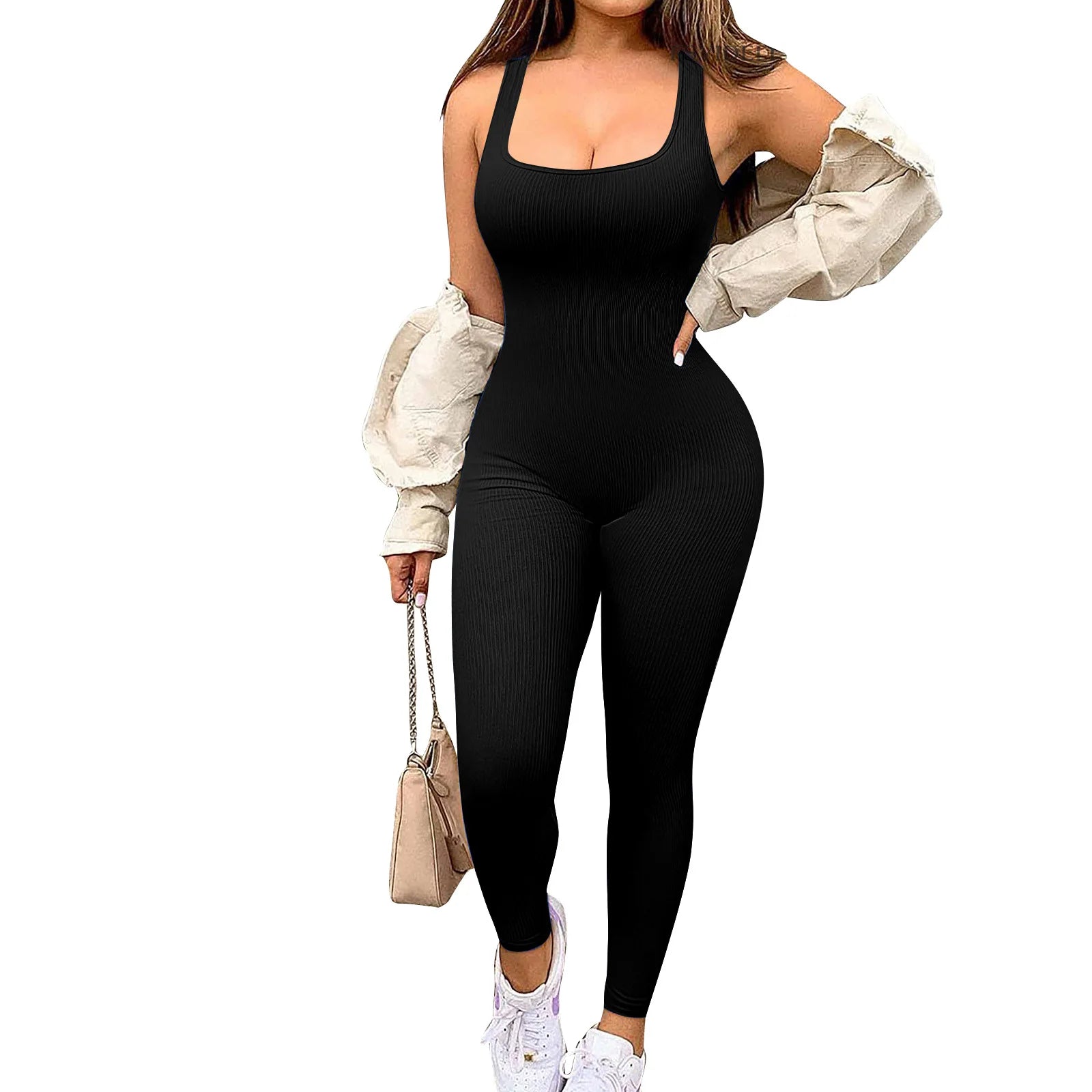 KE0101SX 2024 Solid Color Ribbed Backless Summer Bodycon Chic Women Jumpsuits Playsuits Sehe Fashion