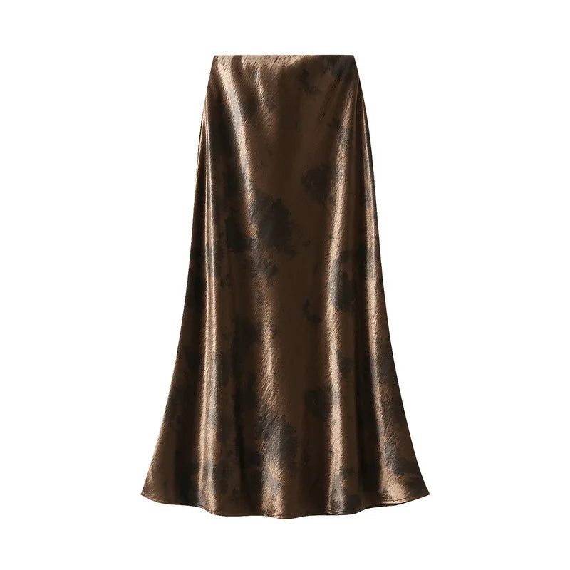 Boutique Wholesale 2025 Spring New Fashionable High Waist Satin Printed Medium To Long Style Women's Half Skirt