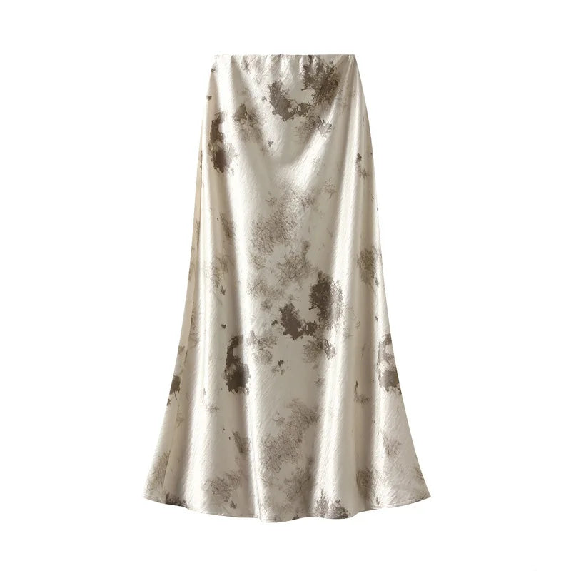 Boutique Wholesale 2025 Spring New Fashionable High Waist Satin Printed Medium To Long Style Women's Half Skirt