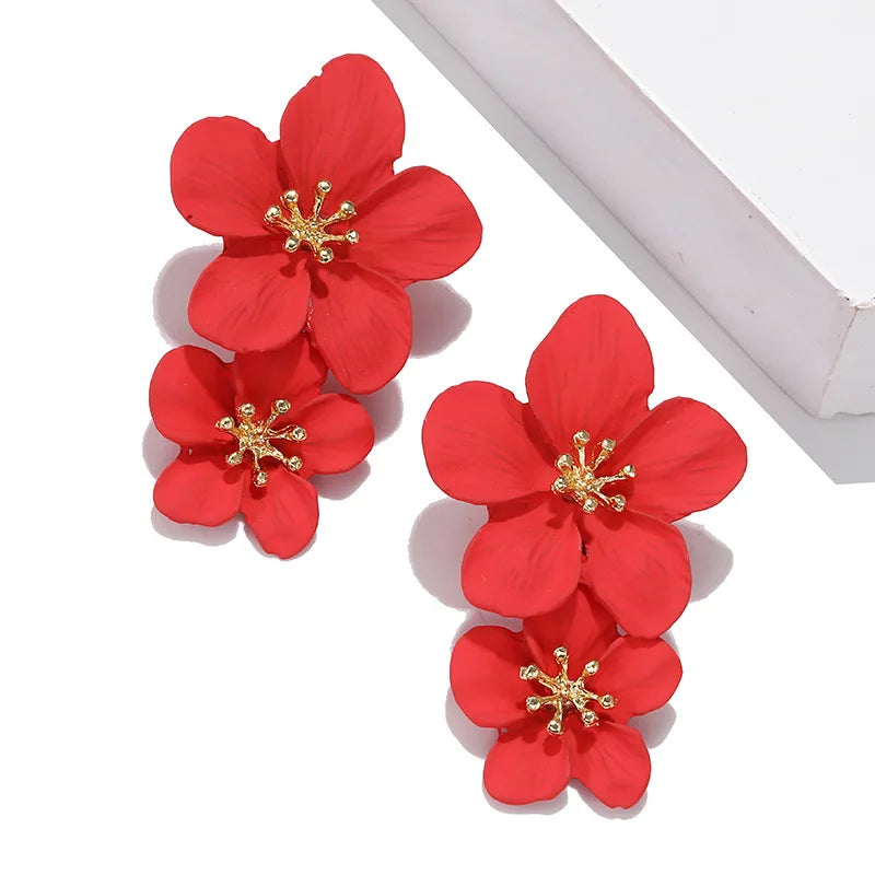 Red Color Drop Earrings for Women Summer Korean Flower Heart Leaf Ear Sweet Wedding Party Jewelry Valentine's Day Girl Gift
