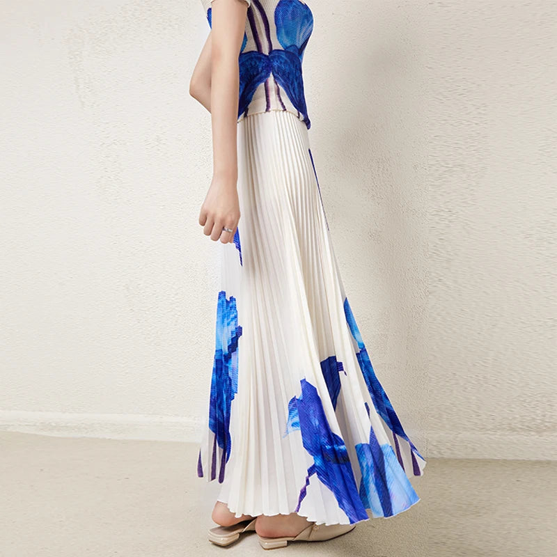 Manufacturer Wholesale High Quality Printed Pleated Skirt Women 2025 Summer Printing Elastic Waist Long Pleated Skirts Elegant