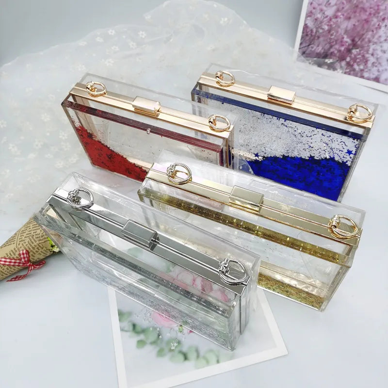 Women's Luxury Liquid Glitter Acrylic Clutch Purse Quicksand Powder Transparent Box Bags Summer Beach Handbags With Metal Chain