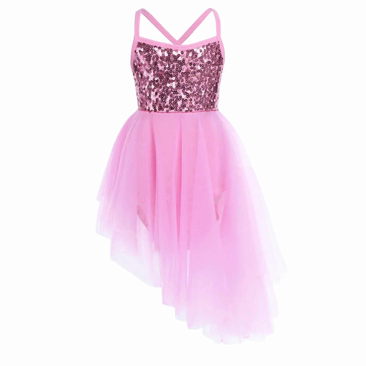 Girls Ballet Dress Lyrical Dance Gymnastics Skating Stage Performance Costume Shiny Sequin Mesh Tulle Leotard Tutu Dancewear