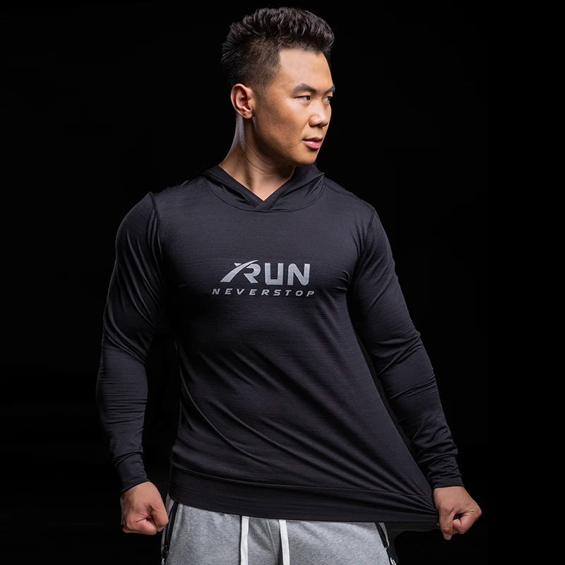 Gym Men T Shirt Long Sleeve Slim Tops Tees elastic T-shirt Sports Fitness Autumn winter comfort breathable Quick dry Hooded