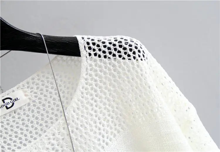 Spring and Summer New Ice Silk Knitted Vest Top Hollow Out Thin Bottoming Sling Streetwear Womens Clothing White Shirt 13686