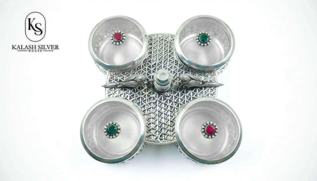Elegant Pure Silver Kumkum Haldi Chawal Four Set Cover Decorative Base Traditional Pooja Item Eco-Friendly Home Temple Use