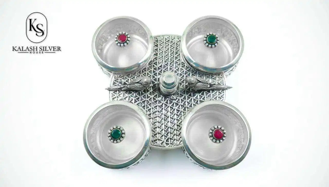 Elegant Pure Silver Kumkum Haldi Chawal Four Set Cover Decorative Base Traditional Pooja Item Eco-Friendly Home Temple Use
