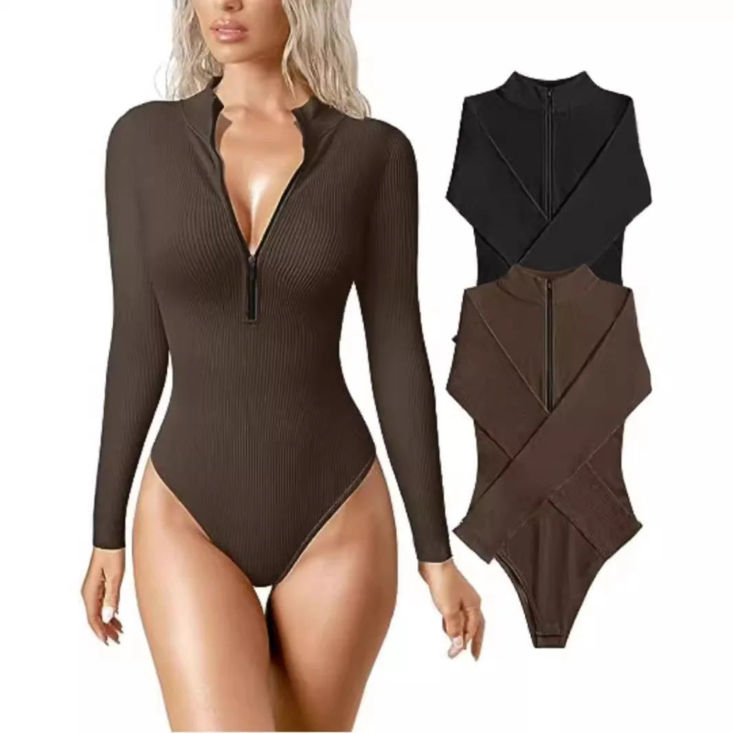 European and American Cross-border 2024 Long Sleeved Jumpsuit Sexy Ribbed Front Zipper Long Sleeved Top Jumpsuit