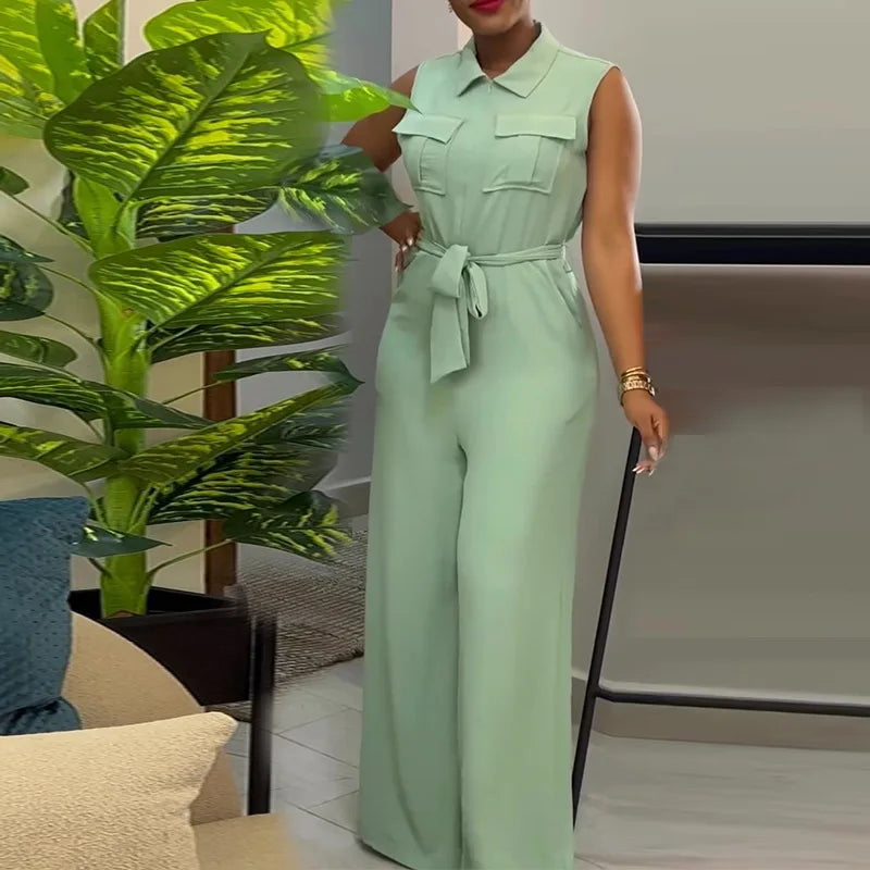 New Fashion Solid Lapel Neck Pocket Design Loose Wide Leg Sleeveless Cargo Jumpsuit Women