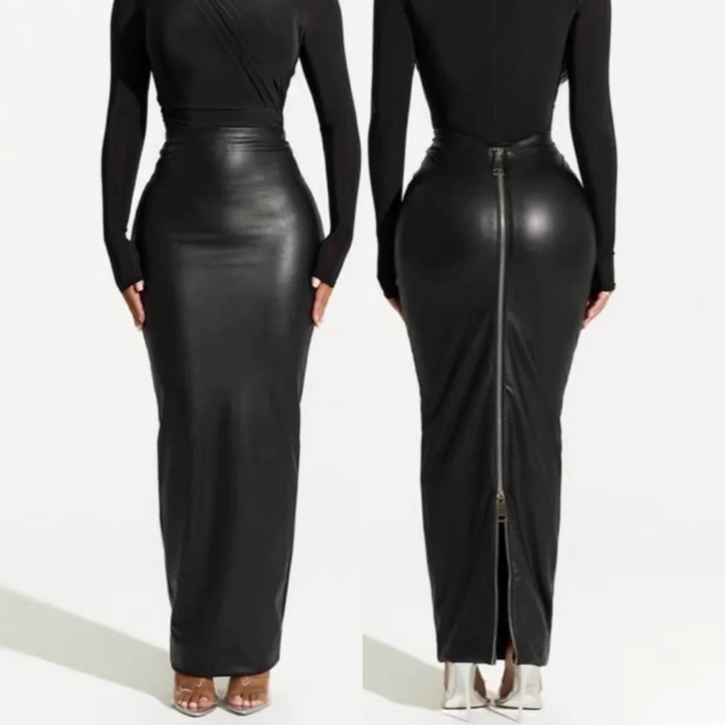 M6008 Women Long Skirts Women's Autumn Winter New Style Black Faux Leather Midi Skirt Bodycon Slim-Fitting with Zipper Design