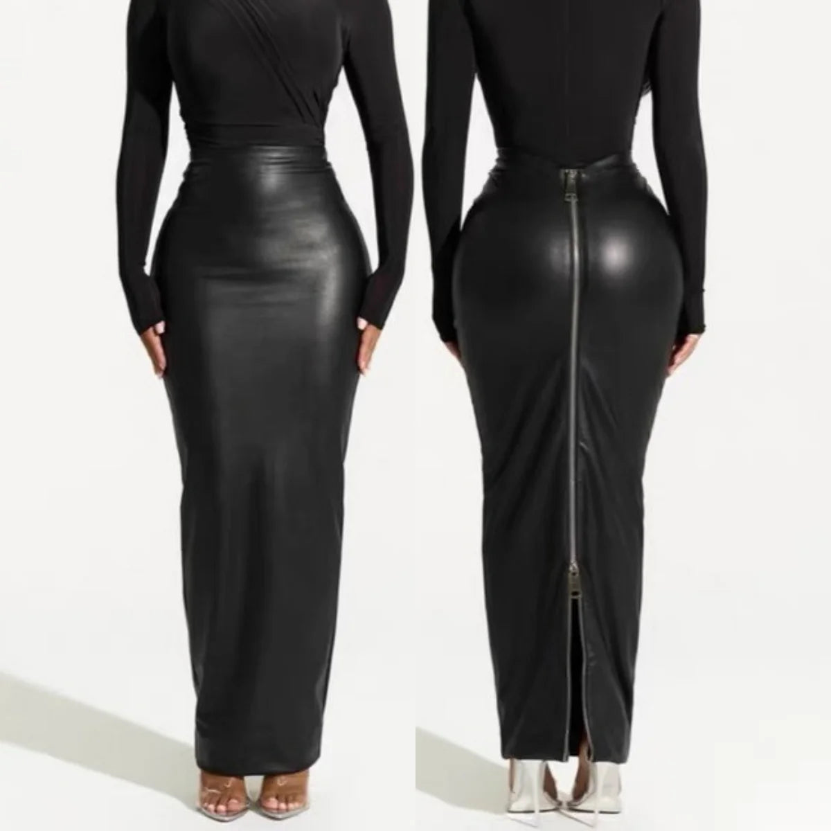 M6008 Women Long Skirts Women's Autumn Winter New Style Black Faux Leather Midi Skirt Bodycon Slim-Fitting with Zipper Design