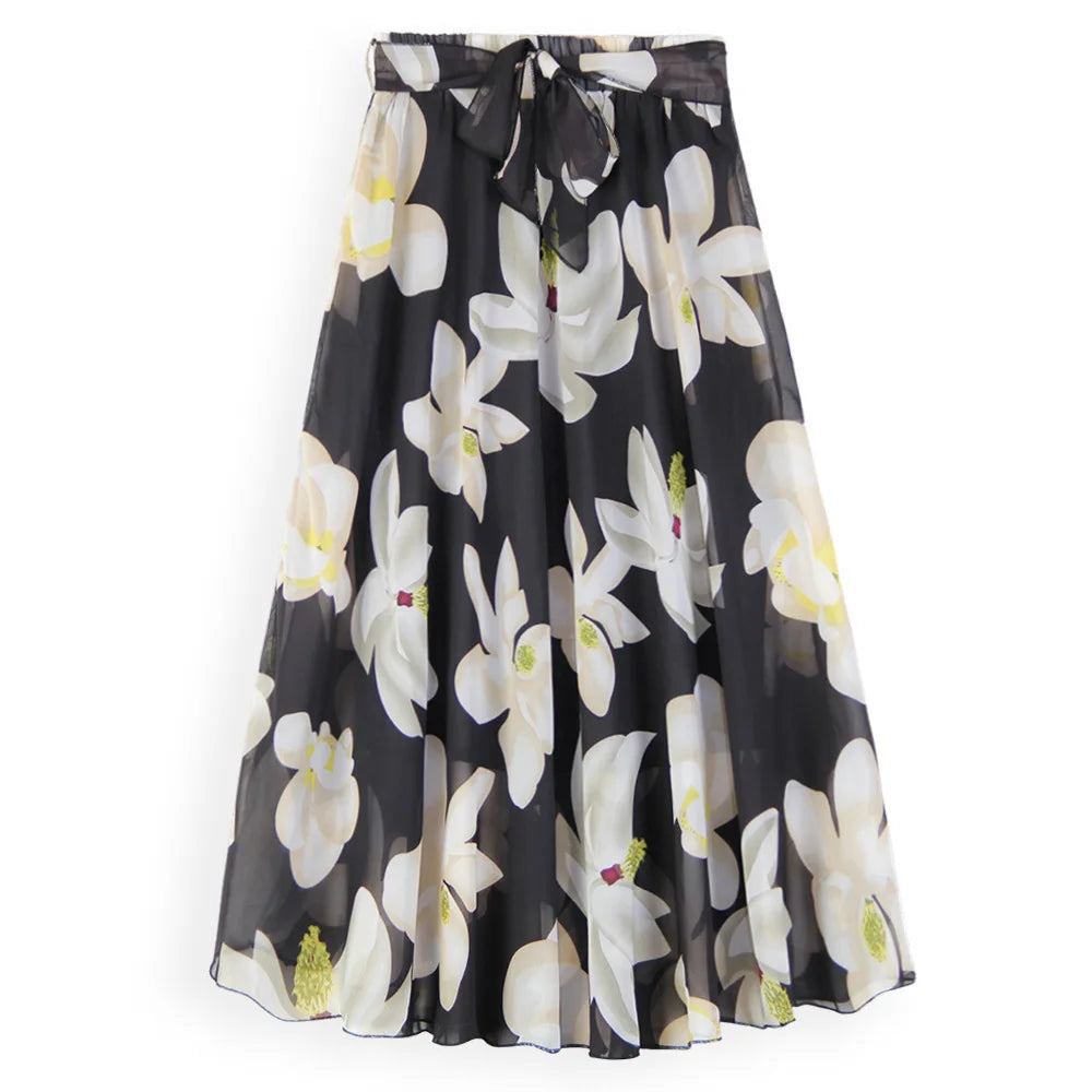 YiXin S-3XL Womens Skirts Printed Chiffon Fashion a Line High Waisted Floral Skirt Wholesale Long Skirts