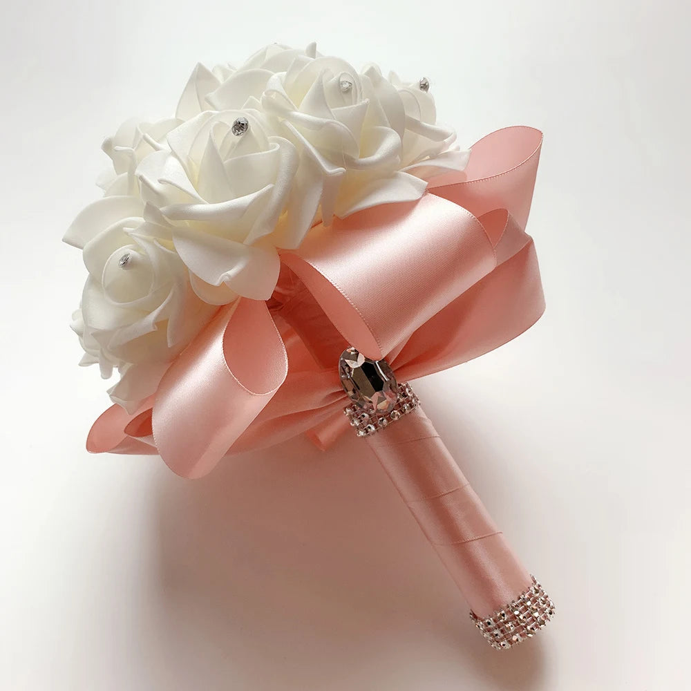 Bridal Bridesmaid Bouquet Artificial Holding Flowers Rhinestone Ribbons Wedding Party Church Home Christmas Table Bedroom Decor