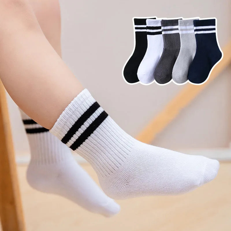 5 Pairs/Lot Autumn Winter High Elastic Simple Children Socks Korean Cotton Stripes Solid Color Alphabet Boys Girls Socks 1-12 Y