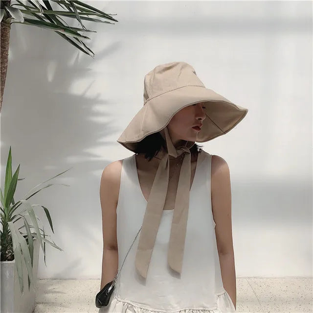 2021 New Summer Autumn Large Brim Fisherman Hat Women Cotton Linen Round Dome Bandage Bow Big Foldable Sun Hats Fishermen Hat