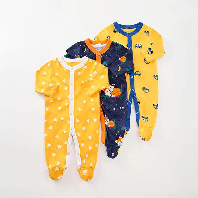 Made-to-Order Sustainable Fashion Baby Boy and Girl 100% Cotton Long-sleeve Footed Random Print 3 Sets Jumpsuit