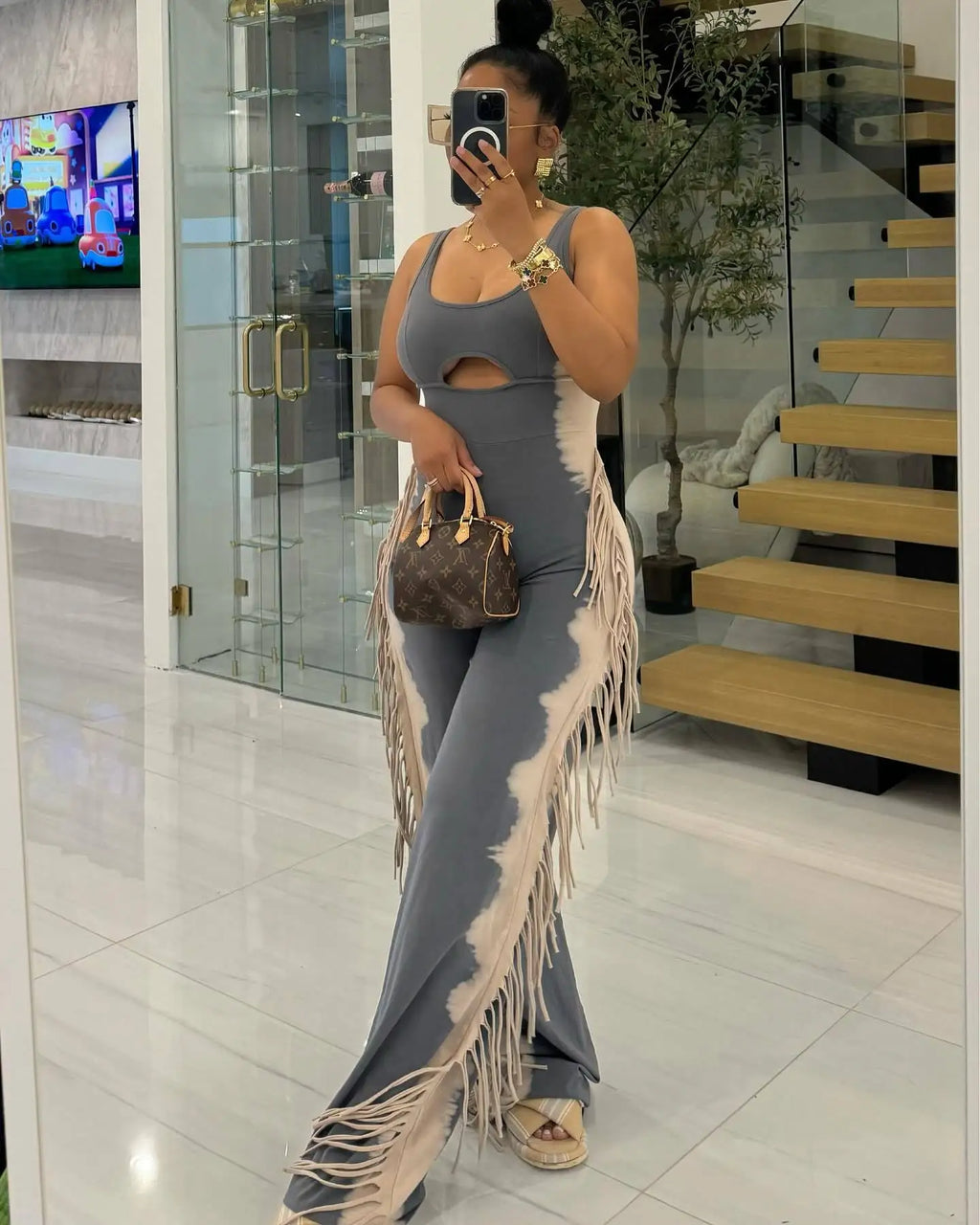 2024 Summer New Women's High-Waist Casual Jumpsuit Breathable Fitness Tassel with Personalized Contrasting Colors