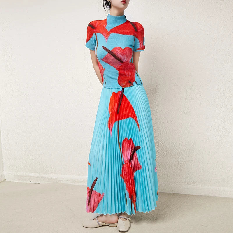 Manufacturer Wholesale High Quality Printed Pleated Skirt Women 2025 Summer Printing Elastic Waist Long Pleated Skirts Elegant