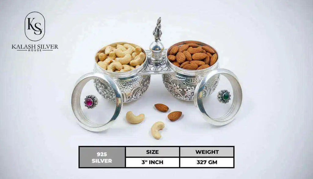 Sterling Silver 301-400ml Eco-Friendly Lightweight Dry Fruit Bowl Set Two Containers Handcrafted Traditional Indian Serving