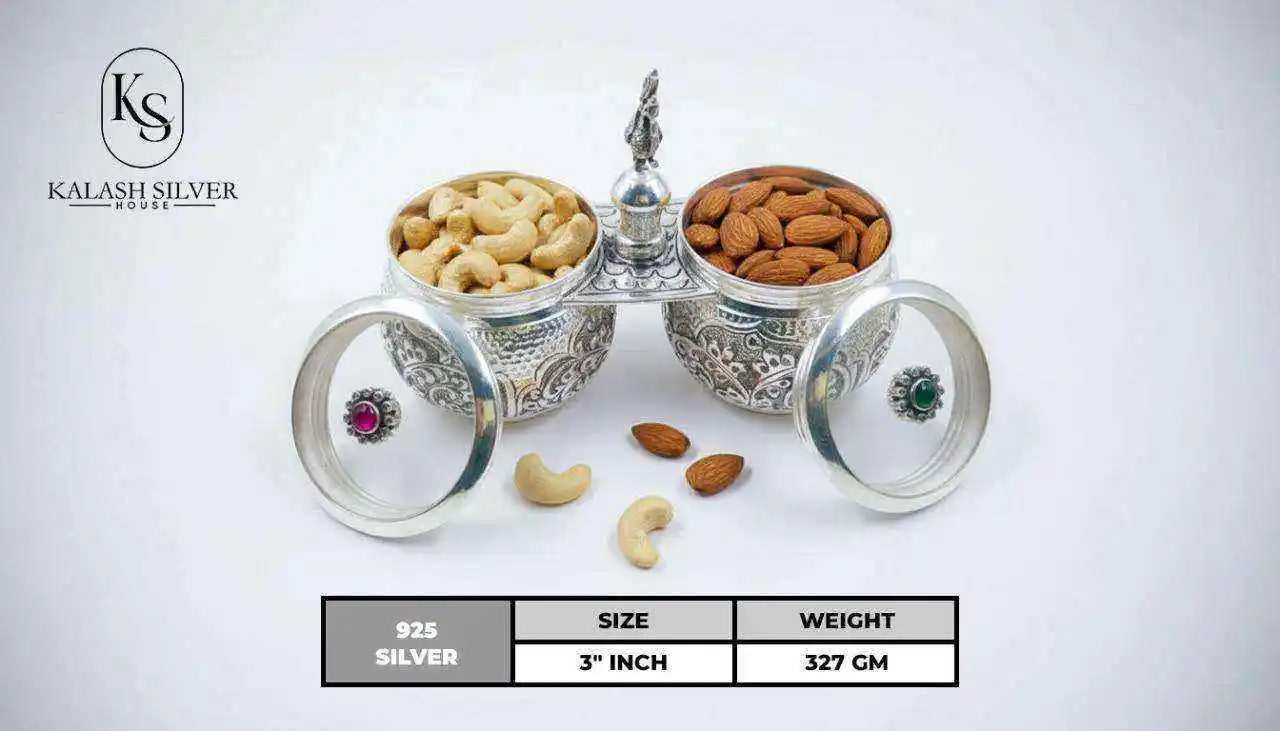 Sterling Silver 301-400ml Eco-Friendly Lightweight Dry Fruit Bowl Set Two Containers Handcrafted Traditional Indian Serving