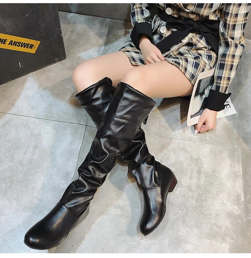 Shoes For Women 2022 Spring Knee High Boots Red Black White Tall Boots Woman Pleated Low Heel Casual Leather Female Long Shoes