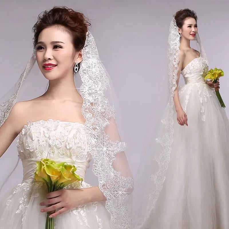 Real Photos White/Ivory Cathedral Wedding Veil 3M One Layer Lace Beads Mantilla Bridal Veils Wedding Accessories Veu De Noiva