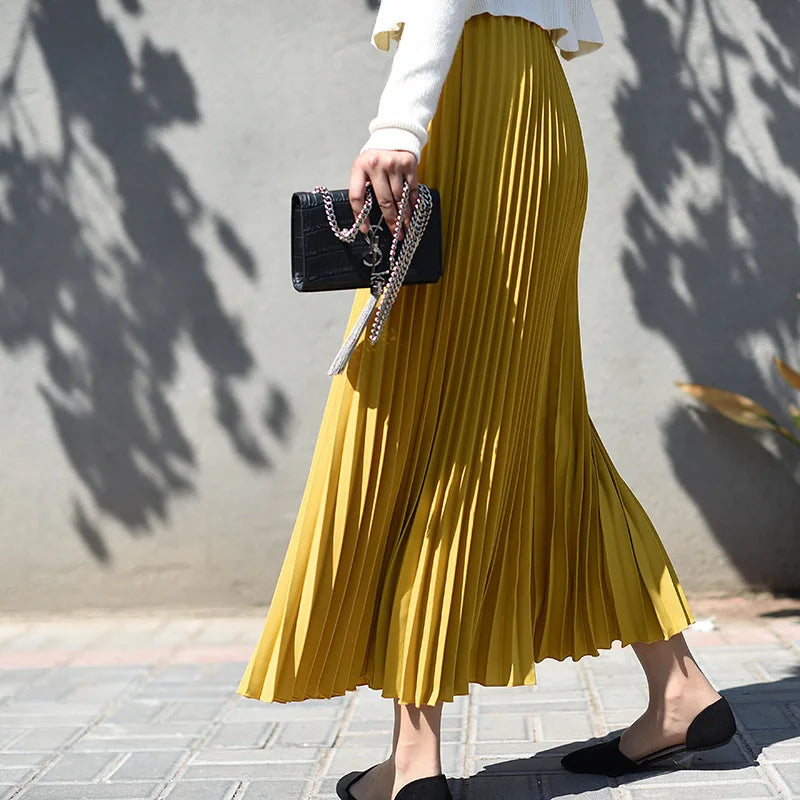 High Quality Women Lady Pleated With Lining Long Skirt Dress New Arrival Elastic Waist Summer Spring Sraight Maxi Skirt