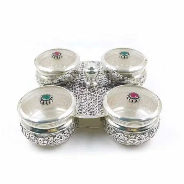 Elegant Pure Silver Kumkum Haldi Chawal Four Set Cover Decorative Base Traditional Pooja Item Eco-Friendly Home Temple Use