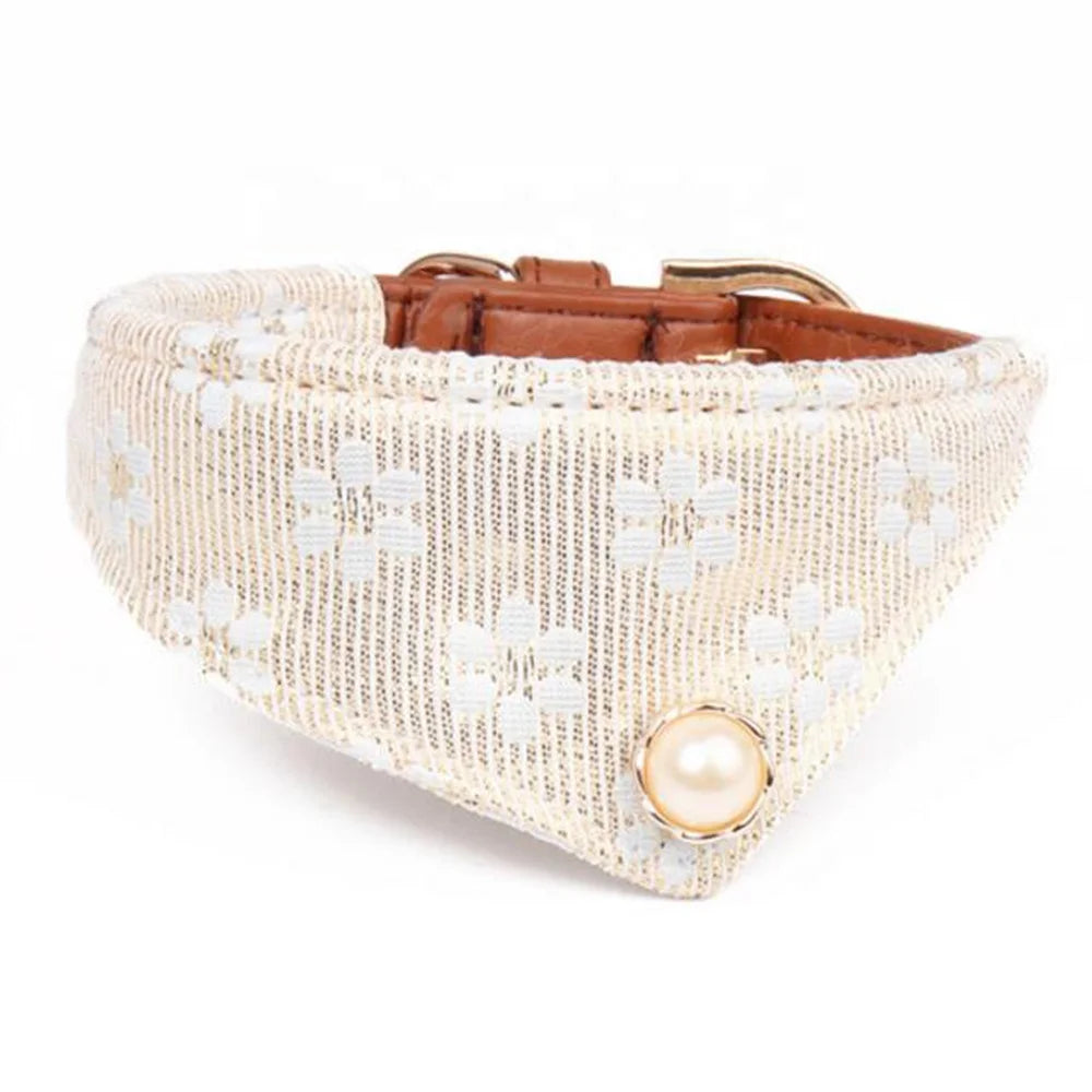 Luxury High Quality Dog Harness Custom Pearl Decoration Bandana Collar Modern Lovely Pet Collars for Walking Features Neck Scarf