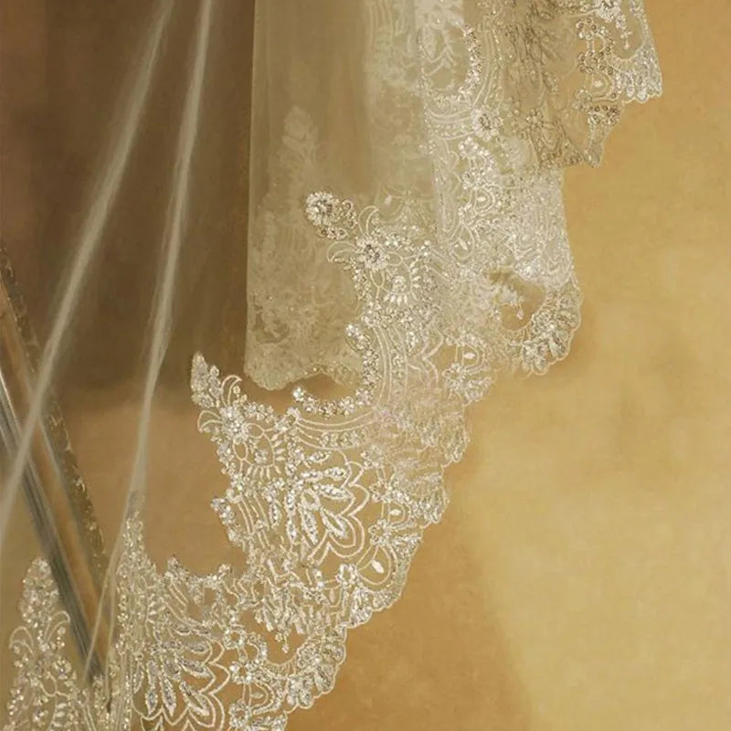 Real Photos White/Ivory Cathedral Wedding Veil 3M One Layer Lace Beads Mantilla Bridal Veils Wedding Accessories Veu De Noiva