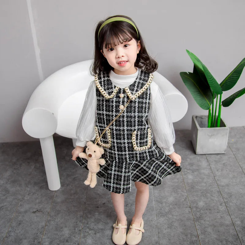 3-7Y Girl Baby Party Princess Autumn Dresses Kids Elegant Plaid Costumes Fashion Long Sleeve Sweet Tweed Clothes With Bear Bags